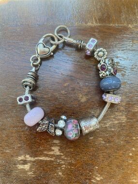 Sterling Silver-Style Pink and Purple Charm Bracelet